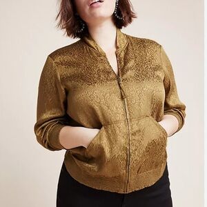MAEVE Anthropologie Gold Brown Silky Leopard Light Bomber Jacket Size Small